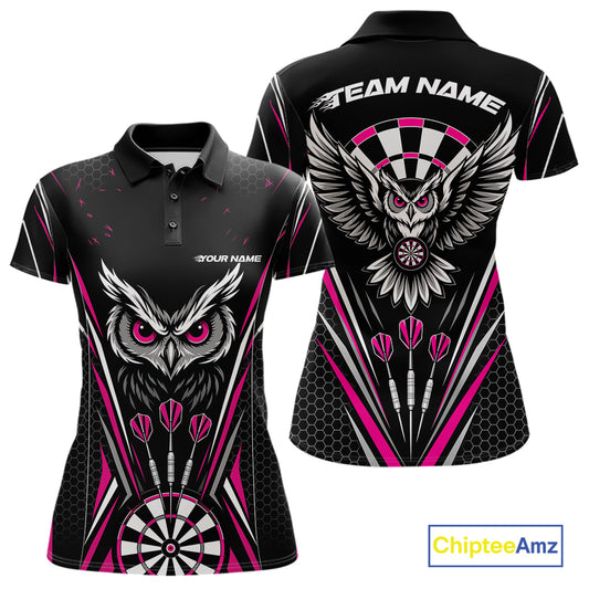 Custom Black And Pink Owl Darts Polo Shirts For Women, Darts Team Jerseys IPHW11726