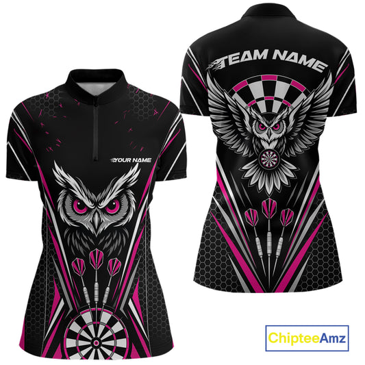 Custom Black And Pink Owl Darts Quarter-Zip Shirts For Women, Darts Team Jerseys IPHW11726