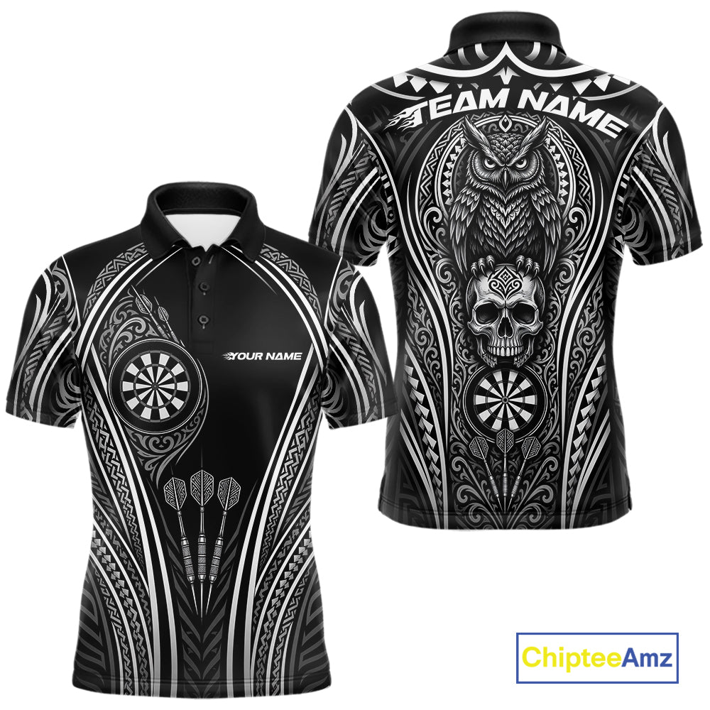 Custom Black And White Tribal Owl And Skull Darts Men Polo Shirt, Halloween Darts Outfit IPHW11728