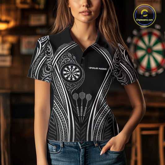 Custom Black And White Tribal Owl And Skull Darts Women Polo Shirt, Halloween Darts Outfit IPHW11728
