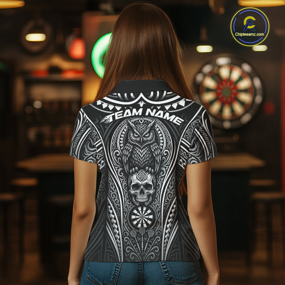 Custom Black And White Tribal Owl And Skull Darts Women Polo Shirt, Halloween Darts Outfit IPHW11728