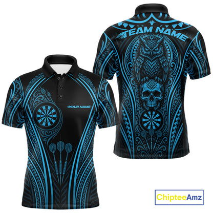 Custom Black And Blue Tribal Owl And Skull Darts Men Polo Shirt, Halloween Darts Outfit IPHW11729