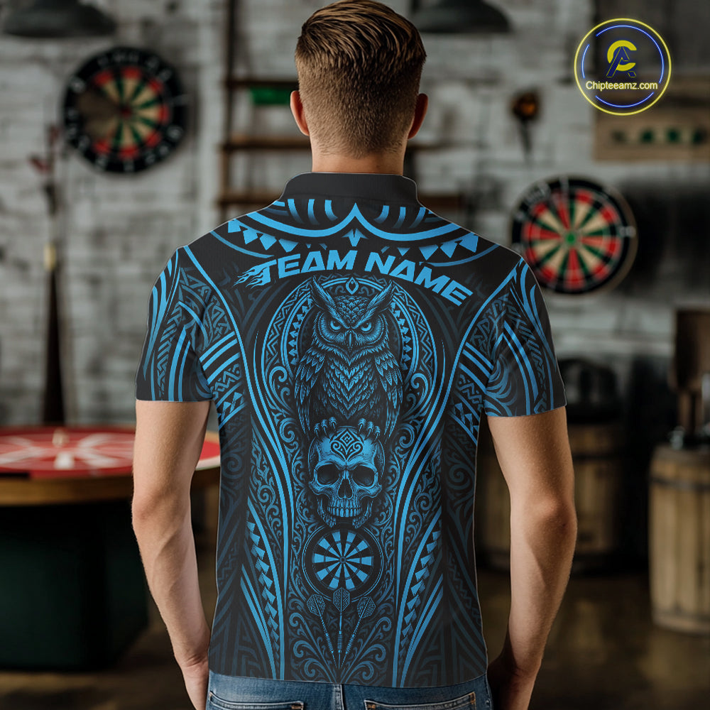 Custom Black And Blue Tribal Owl And Skull Darts Men Polo Shirt, Halloween Darts Outfit IPHW11729