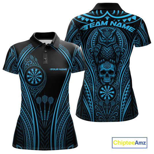 Custom Black And Blue Tribal Owl And Skull Darts Women Polo Shirt, Halloween Darts Outfit IPHW11729
