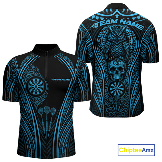 Custom Black And Blue Tribal Owl And Skull Darts Men Quarter Zip Shirt, Halloween Darts Outfit IPHW11729