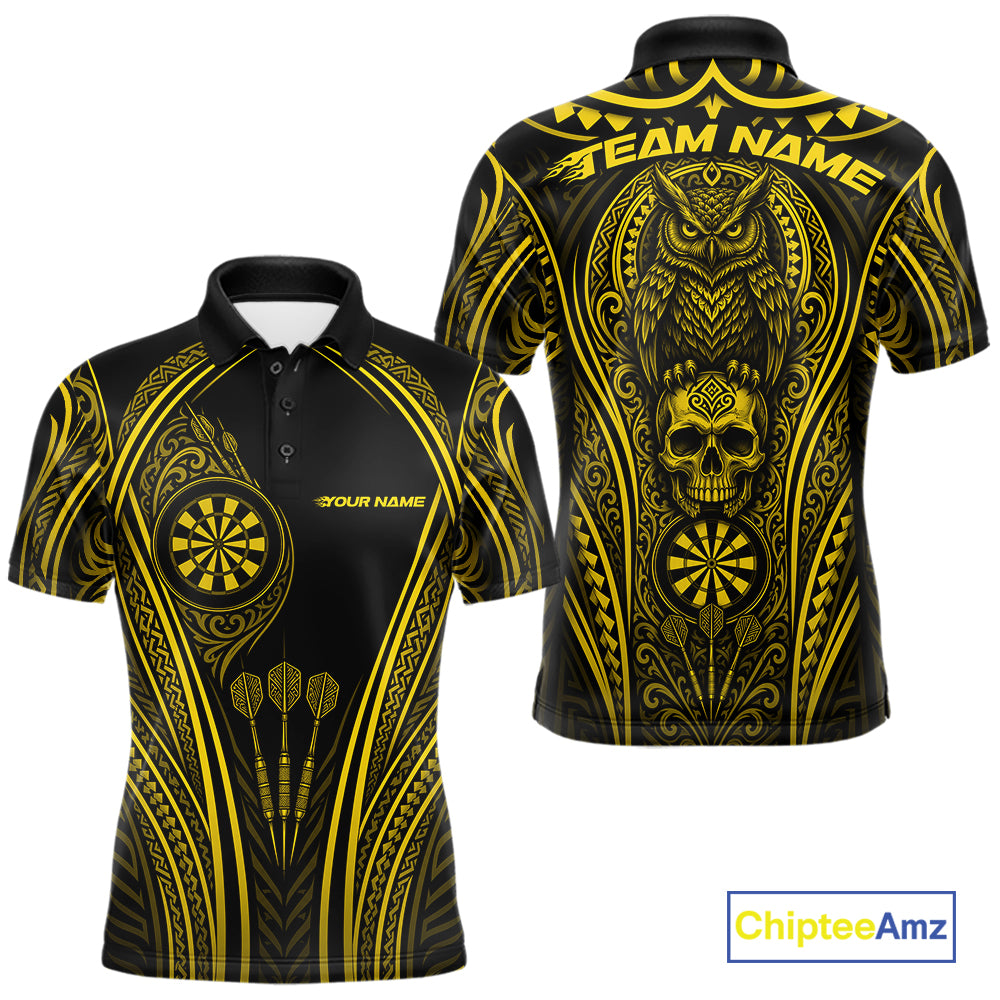 Custom Black And Yellow Tribal Owl And Skull Darts Men Polo Shirt, Halloween Darts Outfit IPHW11730