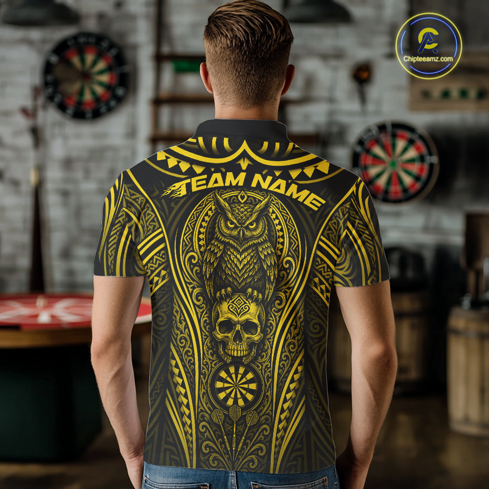 Custom Black And Yellow Tribal Owl And Skull Darts Men Polo Shirt, Halloween Darts Outfit IPHW11730