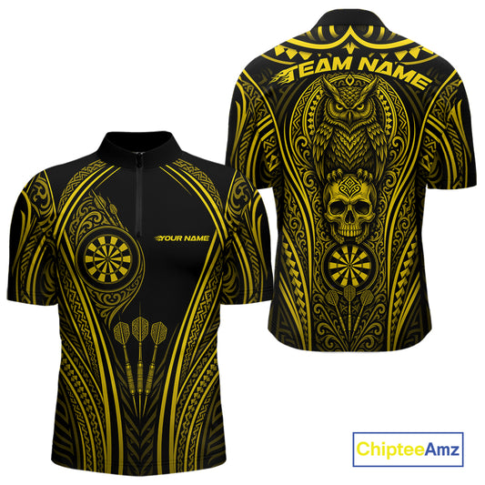 Custom Black And Yellow Tribal Owl And Skull Darts Men Quarter Zip Shirt, Halloween Darts Outfit IPHW11730