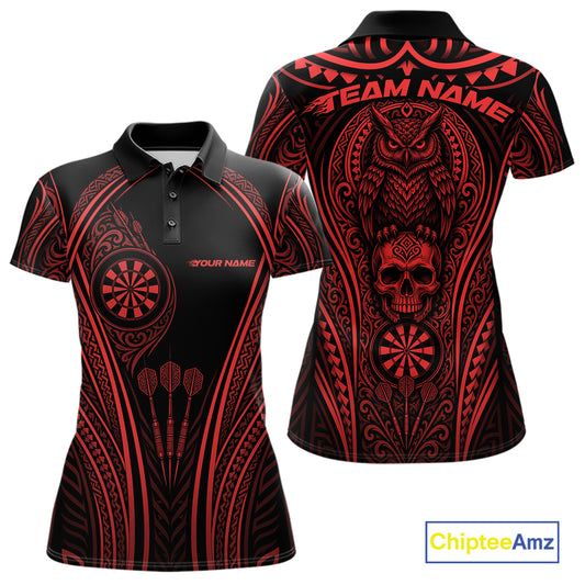 Custom Black And Red Tribal Owl And Skull Darts Women Polo Shirt, Halloween Darts Outfit IPHW11731
