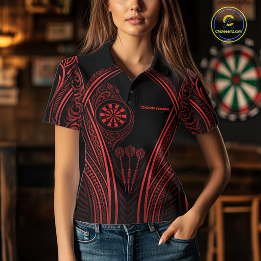 Custom Black And Red Tribal Owl And Skull Darts Women Polo Shirt, Halloween Darts Outfit IPHW11731