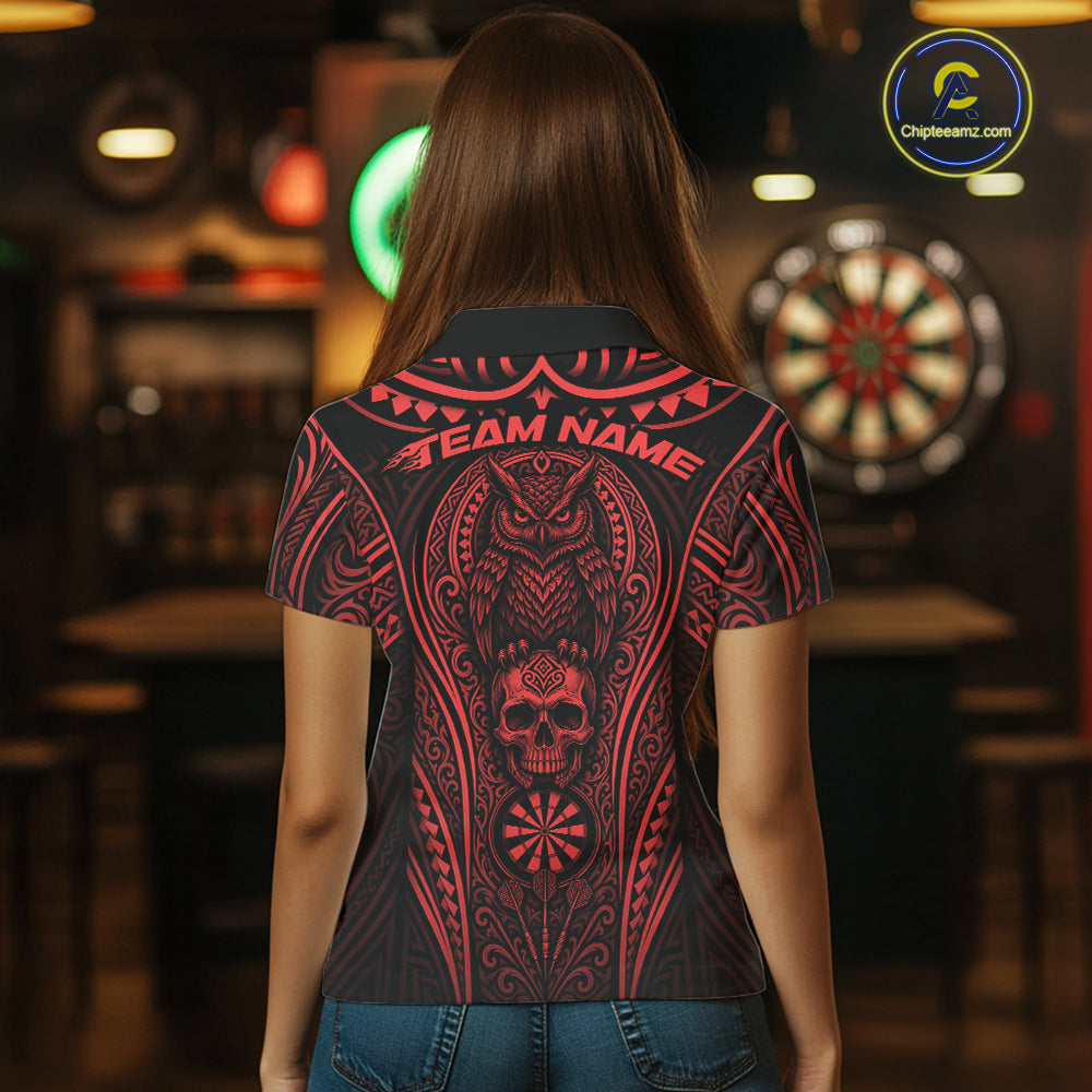 Custom Black And Red Tribal Owl And Skull Darts Women Polo Shirt, Halloween Darts Outfit IPHW11731