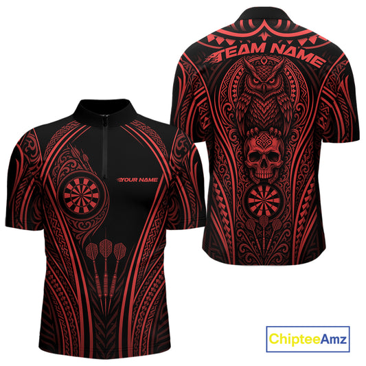 Custom Black And Red Tribal Owl And Skull Darts Men Quarter Zip Shirt, Halloween Darts Outfit IPHW11731