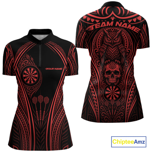 Custom Black And Red Tribal Owl And Skull Halloween Darts Women Quarter-Zip Shirt IPHW11731