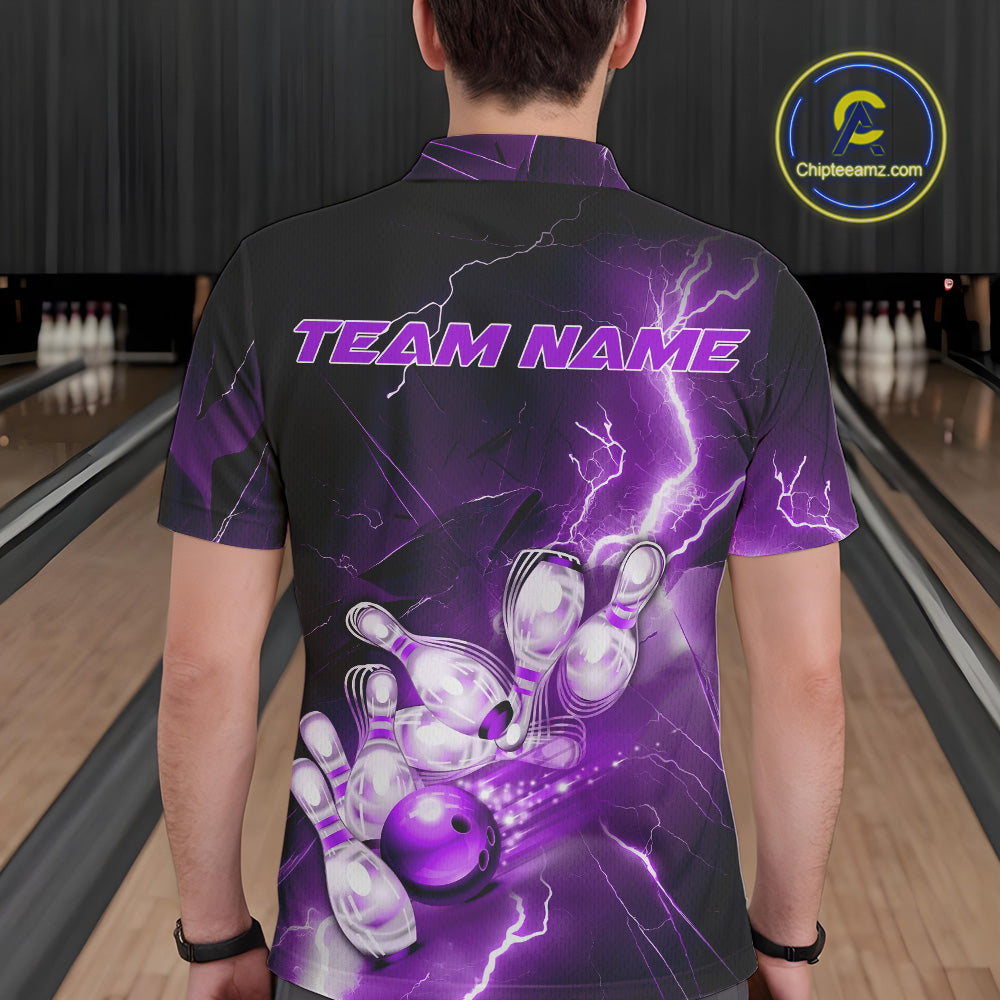 Custom Purple Thunder Lightning Bowling Polo Shirts For Men, Bowling League Shirt IPHW9793