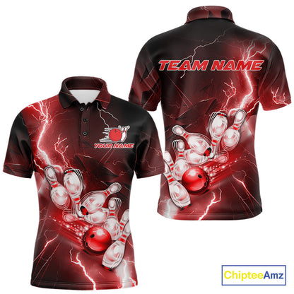 Custom Red Thunder Lightning Bowling Polo Shirts For Men, Bowling League Shirt IPHW9794