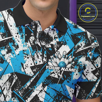 Custom Graffity Blue Camo Bowling Team Men Polo Shirts, Camouflage Bowling Jerseys IPHW10215