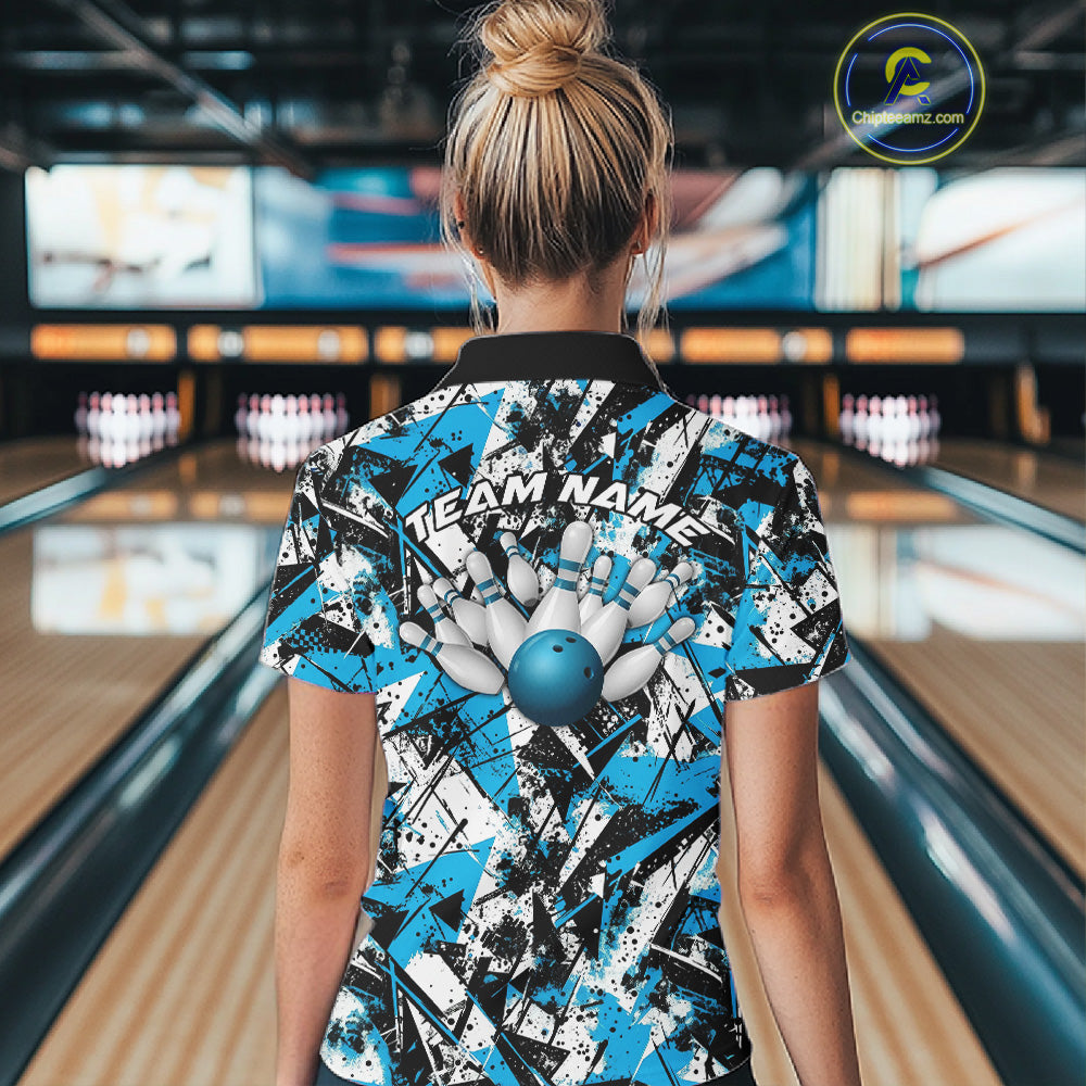 Custom Graffity Blue Camo Bowling Team Women Polo Shirts, Camouflage Bowling Jerseys IPHW10215