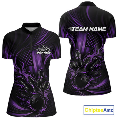 Front and back display of a black and purple women’s bowling quarter-zip shirt featuring a patriotic flaming bowling ball striking pins and distressed American flag artwork.