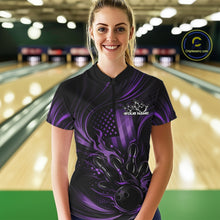 Load image into Gallery viewer, Custom Purple Patrotic Flame Bowling Women Quarter-Zip Shirt, US Flag Bowling Jersey IPHW11162