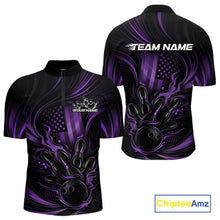 Load image into Gallery viewer, Custom Purple Patrotic Flame Bowling Men Quarter-Zip Shirt, US Flag Bowling Team Jersey IPHW11162