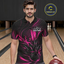 Load image into Gallery viewer, Custom Pink Patrotic Flame Bowling Men Polo Shirt, US Flag Bowling Team Jersey IPHW11163