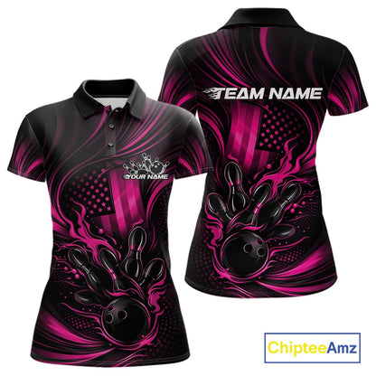 Front and back display of a black and pink womens bowling polo shirt showcasing patriotic flames around a bowling ball striking pins with distressed flag artwork.