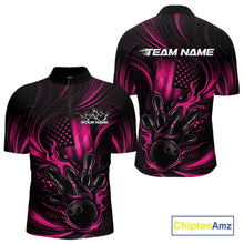 Load image into Gallery viewer, Custom Pink Patrotic Flame Bowling Men Quarter-Zip Shirt, US Flag Bowling Team Jersey IPHW11163