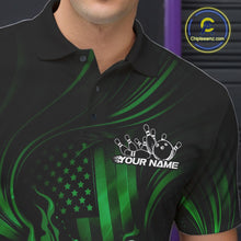 Load image into Gallery viewer, Custom Green Patrotic Flame Bowling Men Polo Shirt, US Flag Bowling Team Jersey IPHW11164