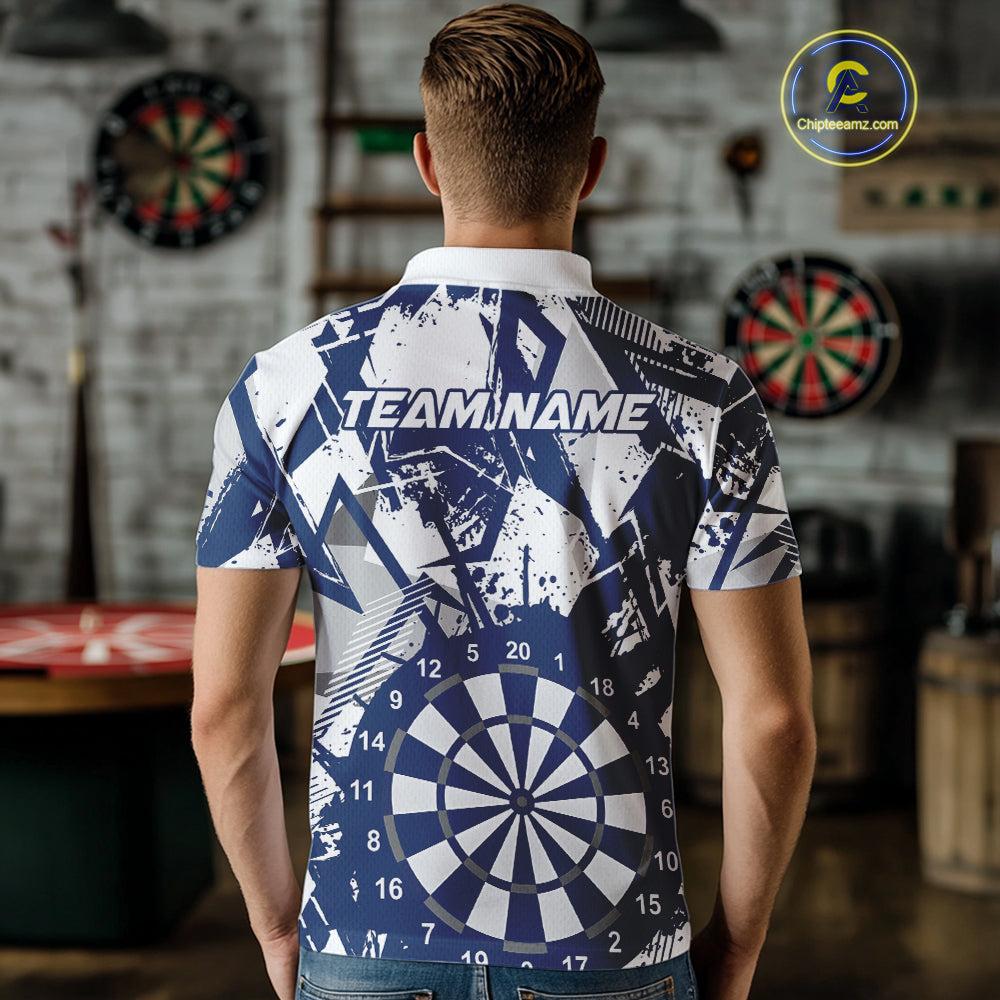 Custom Grunge Splatter Blue And White Dartboard Dart Team Men Polo Shirts, Dart Jerseys IPHW9971