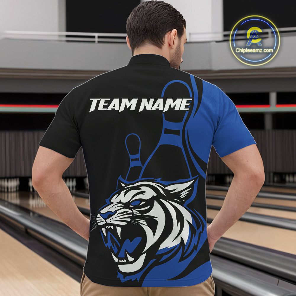 Custom Black And Blue Tiger Bowling Jerseys, Tiger Bowling Team Men Quarter-Zip Shirts IPHW9015
