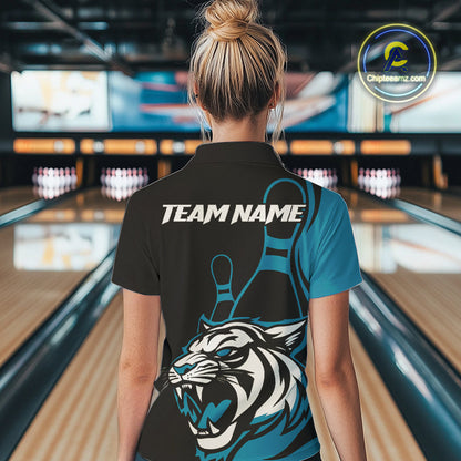 Custom Black And Cool Blue Tiger Bowling Jersey Bowling Team Women Quarter-Zip Shirt IPHW9016