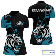 Load image into Gallery viewer, Custom Black And Cool Blue Tiger Bowling Jersey Bowling Team Women Quarter-Zip Shirt IPHW9016