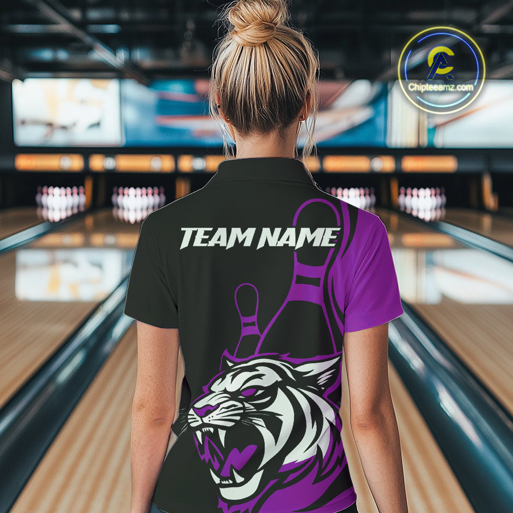 Custom Black And Purple Tiger Bowling Jerseys, Tiger Bowling Team Women Quarter-Zip Shirt IPHW9017