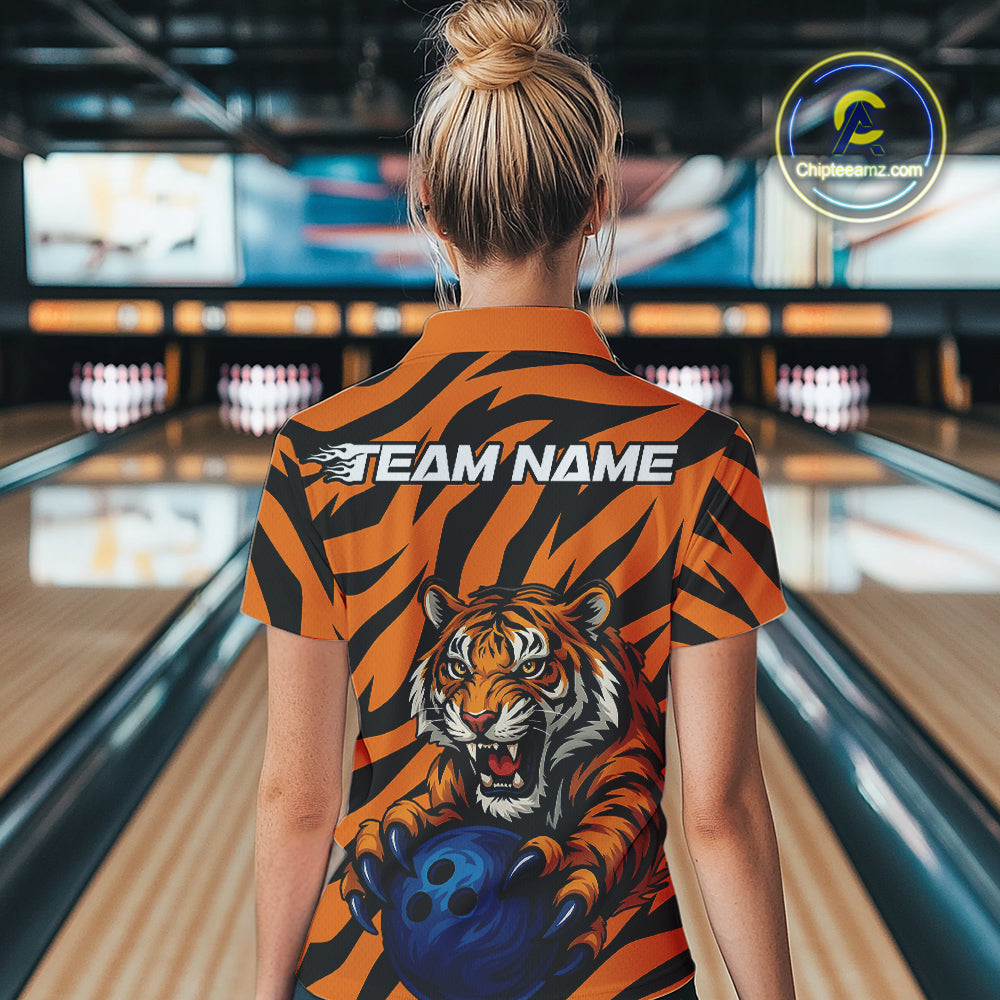 Custom Tiger Bowling Team Polo Shirts For Women, Tiger Bowling Team Uniform Bowler Outfit IPHW9025