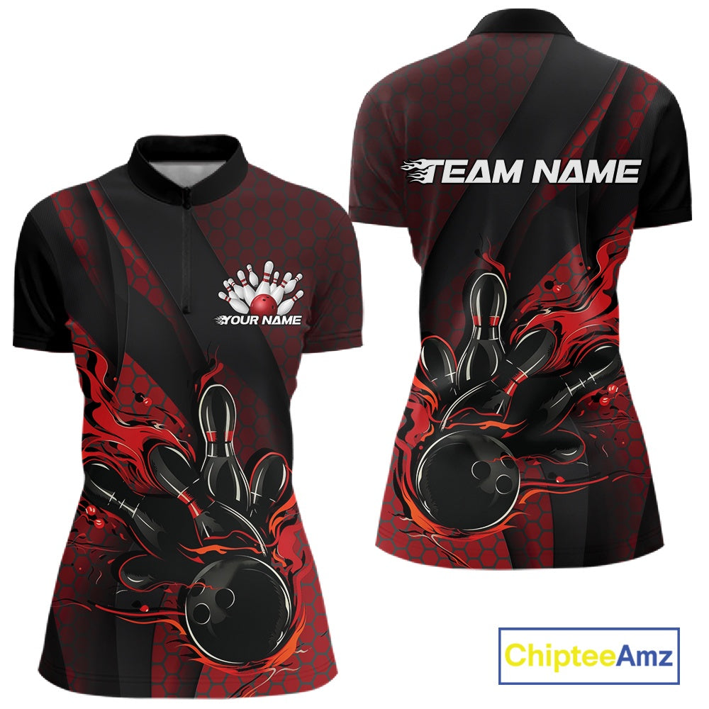Women’s quarter zip bowling shirt mockup featuring black and red colorway with flaming bowling ball striking pins, hexagon pattern and diagonal stripe accents