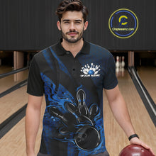 Load image into Gallery viewer, Custom Black And Blue Flame Bowling Polo Shirt For Men, Bowling Team Tournament Jersey IPHW11181