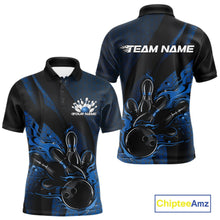 Load image into Gallery viewer, Custom Black And Blue Flame Bowling Polo Shirt For Men, Bowling Team Tournament Jersey IPHW11181