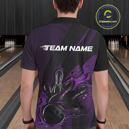 Back view of a male model in a bowling center wearing a black and purple polo shirt showcasing a bowling strike scene with flame effects.