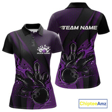 Load image into Gallery viewer, Custom Black And Purple Flame Bowling Polo Shirt For Women, Bowling Team Tournament Jersey IPHW11182
