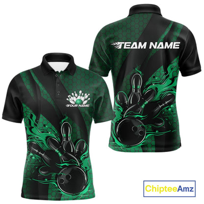Front and back display of a black and green men’s bowling polo shirt featuring a flaming bowling ball striking pins with hexagon graphics and diagonal stripes.