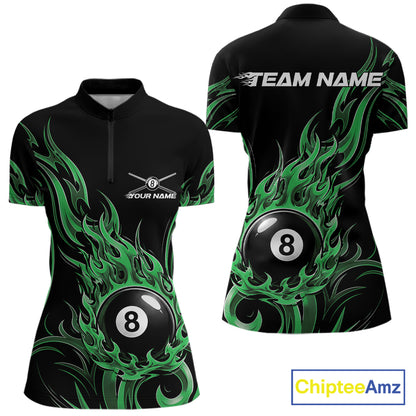 Custom Green Tribal Flame 8 Ball Billiards Women Quarter-Zip Shirt, Pool League Shirt IPHW11755