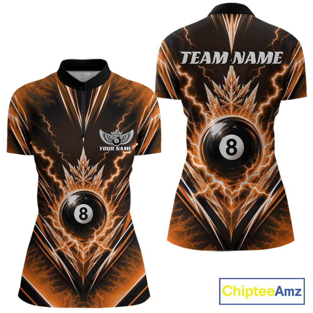Custom Orange Icy Lightning 8 Ball Billiards Women Quarter-Zip Shirt, Pool League Shirt IPHW11767