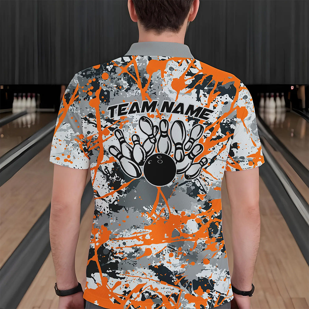 Custom Orange Splatter Bowling Team Polo Shirts For Men, Bowling Tournament Shirts IPHW8310
