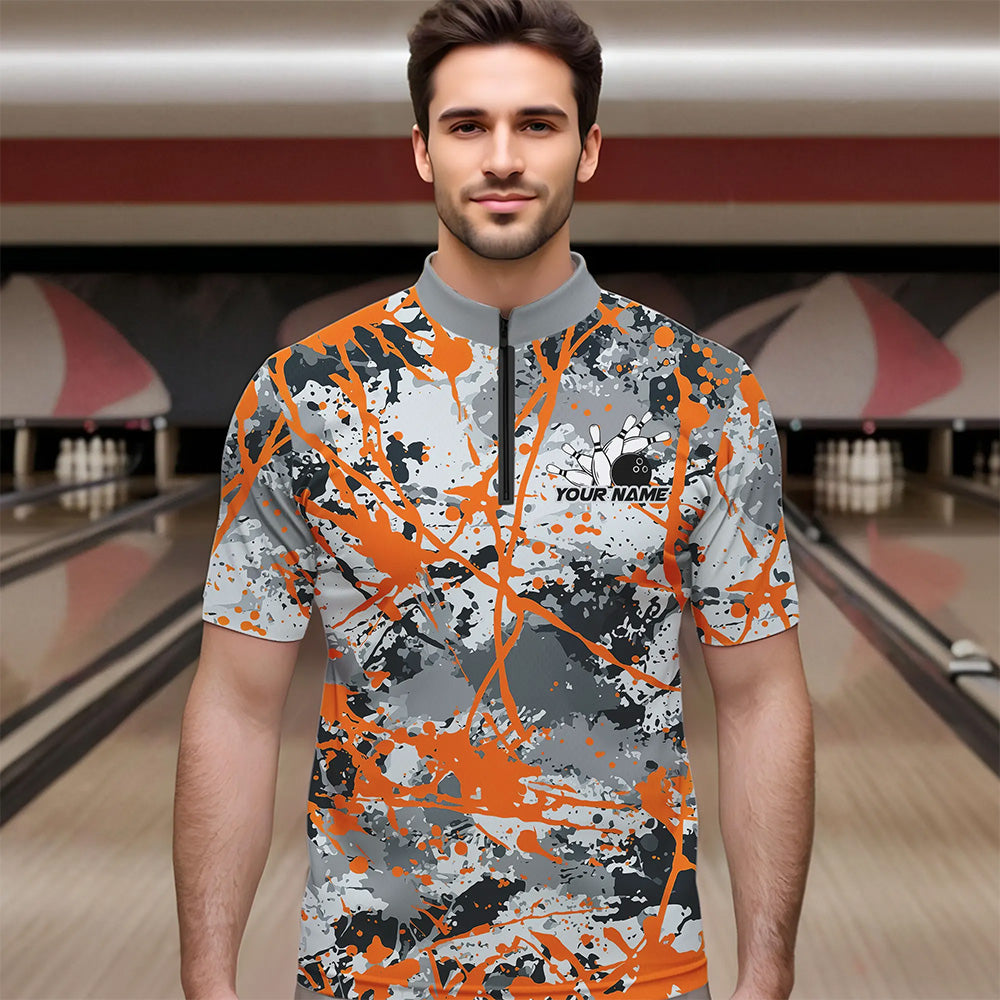 Custom Orange Splatter Bowling Team Quarter-Zip Shirts For Men, Bowling Tournament Shirts IPHW8310