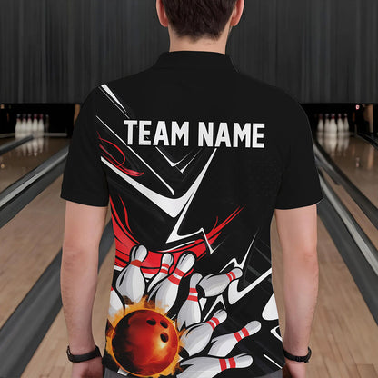 Custom Black And Red Flame Bowling Polo Shirts For Men, Fire Bowling Team Uniform IPHW8316