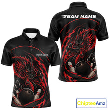 Load image into Gallery viewer, Front and back views of a red custom men's bowling polo shirt featuring an aggressive dragon with flames in a dynamic and energetic design.