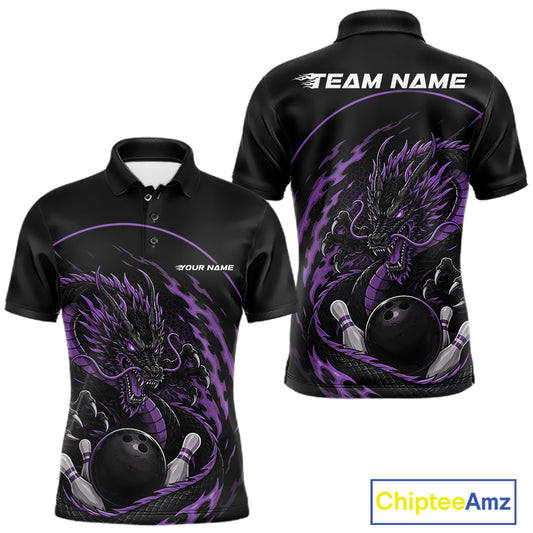 Front and back views of a purple custom men's bowling polo shirt featuring an aggressive dragon with flames in a dynamic and energetic design.