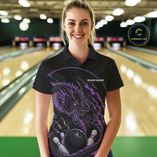 Load image into Gallery viewer, Front view of a female model in a bowling alley wearing a purple custom bowling polo shirt featuring an aggressive dragon with flames in a dynamic and energetic design.