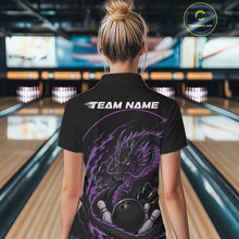 Load image into Gallery viewer, Back view of a female model in a bowling alley wearing a purple custom quarter-zip bowling shirt featuring an aggressive dragon with flames in a dynamic and energetic design.