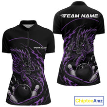 Load image into Gallery viewer, Front and back views of a purple custom women's quarter-zip bowling shirt featuring an aggressive dragon with flames in a dynamic and energetic design.